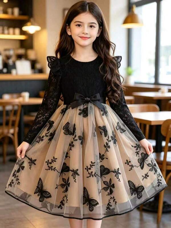 Girls French Elegant Lace Butterfly Mesh Long Sleeve Princess Dress, Suitable For Spring/Autumn Outings And Daily Princess Style Wear