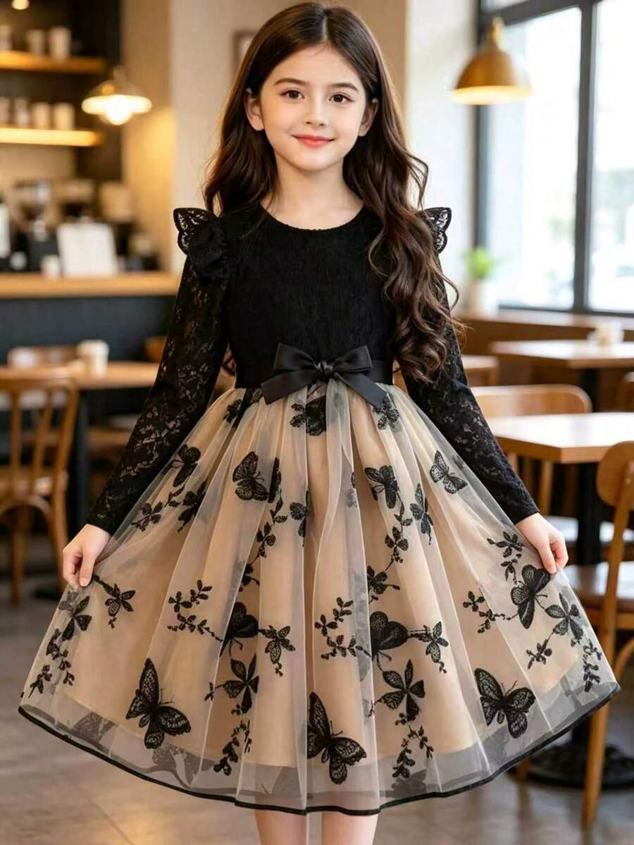 Girls French Elegant Lace Butterfly Mesh Long Sleeve Princess Dress, Suitable For Spring/Autumn Outings And Daily Princess Style Wear - Black - View 1