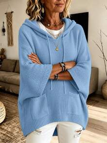 Solid Color Knit Drawstring Pocket Casual Elegant Commute Loose Sweater Daily Date Street Travel Airport Country Music Concert Autumn Winter Fall - Sky Blue - View 6