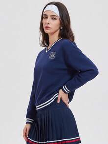 KyrLssu Women Striped Trim V Neck Sweatshirt, Tennis Racket Embroidery Loose Long Sleeve Pullover Top For Daily Outfit Matching - Navy Blue - View 6