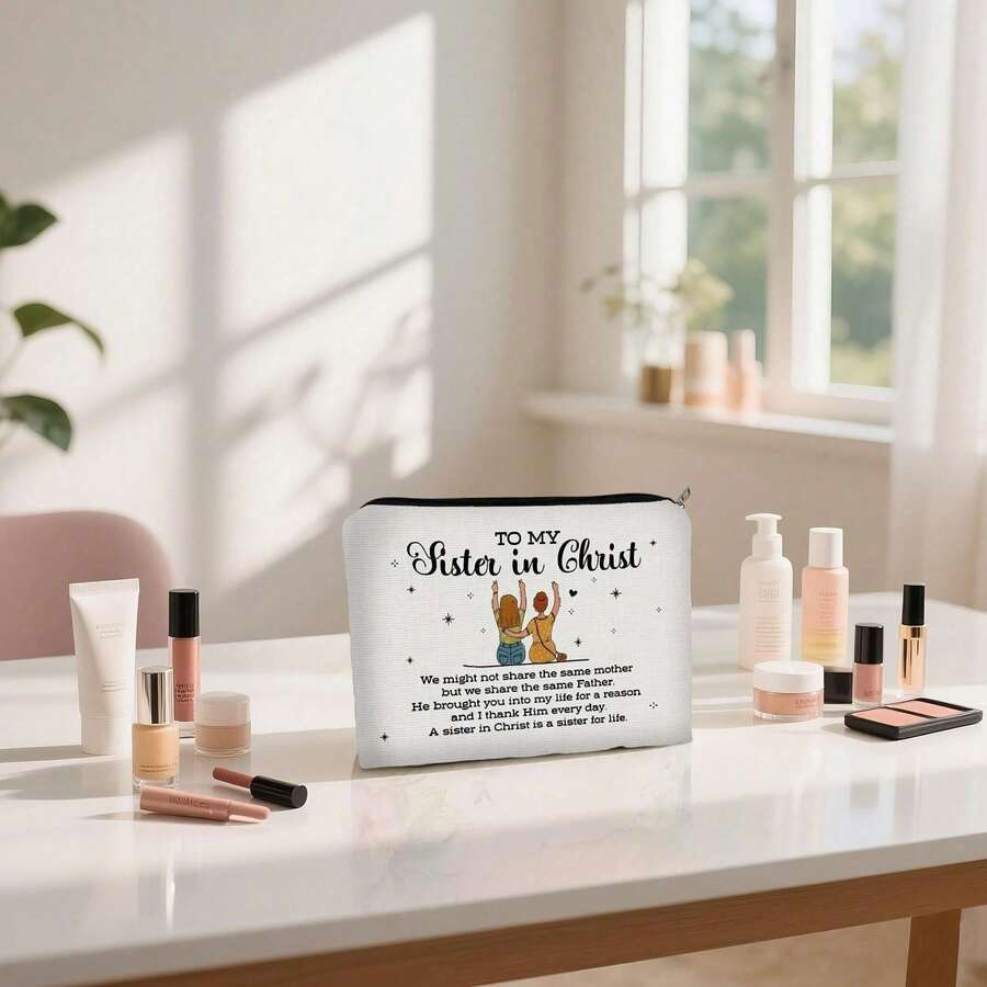1pc Polyester Double-Sided Small Makeup Bag, 5.9" X 8.66" Portable Cosmetic Pouch With "Sisters In Christ" Inspirational Text, Symbolizing Devout Spiritual Connection, Perfect For Daily Makeup Storage And Travel Toiletries Organization - Multicolor - View 1