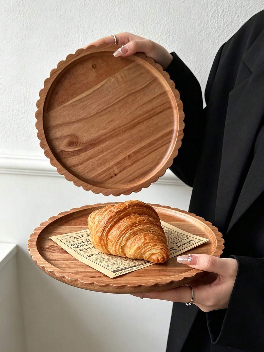 1pc Wavy Ruffled Round Solid Wood Tray, Flower-Shaped Natural Wood Cake & Dessert Display Plate, Light Wood Color With Rim, INS Style Afternoon Tea Bread Food Photography Storage Tray, Flower Round Wooden Serving Plate For Home, Cafe, Dessert Display, Solid Wood Tray - Brown - View 1