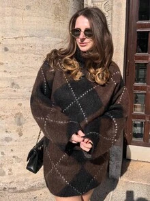 HZXVIC Women's Fashion Autumn New Collection Retro Elegant Diamond Grid High Collar Sweater Skirt Set Fall - Brown - View 8