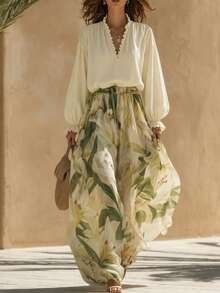 Women's Spring/Summer Halter Neck Top And Elegant Floral Pants 2 Pieces Set, Casual Daily & Vacation Outfit - Apricot - View 1