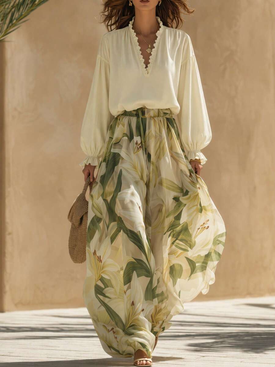 Women's Spring/Summer Halter Neck Top And Elegant Floral Pants 2 Pieces Set, Casual Daily & Vacation Outfit - Apricot - View 1