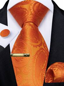 Glossy Paisley Orange Necktie Matching Hanky Cufflinks Tie Clip Styling Set For Outdoor Spring Festival Party - Orange - View 1
