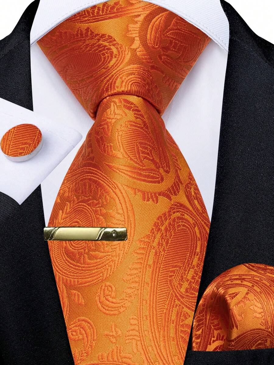 Glossy Paisley Orange Necktie Matching Hanky Cufflinks Tie Clip Styling Set For Outdoor Spring Festival Party - Orange - View 1
