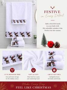 Christmas Reindeer Embroidered Towel 1/2pcs Optional, Absorbent Hand Towel, Christmas Theme Home Use, Bathroom Kitchen Universal Holiday Atmosphere Decorative Towel - Multicolor - View 3