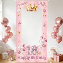 1件 2D平面橫幅，生日慶祝拍照背景框，18歲生日設計，金色皇冠與粉色氣球背景橫幅，生日派對 - 款式1 - 查看 4