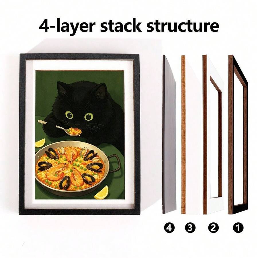 1pc Black Cat Eating Seafood Pattern, Wooden Fridge Magnet, Photo Frame Fridge Magnet - Suitable For Home Refrigerator And Mailbox Decoration, Craft Gift! - one-size - View 1