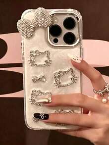 1pc Silver Glitter Epoxy Sanrio Cartoon 3D Rhinestone Bow Hello Kitty Full Coverage Luxury TPU Shockproof Phone Case Protective Cover For Women, Compatible With IPhone 11/12/13/14/15/16/17/PROMAX - Silver - View 15