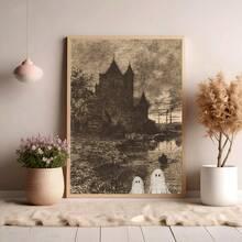 1pc Canvas Wall Art, Framed Wall Decor, Vintage Etched Print Castle Riverside Ghost Canvas Decorative Painting, Dark Academia Style Eerie Halloween Gothic Retro Engraved Print Poster, Suitable For Modern Home Decor, Room Decor, Dorm Decor, Bedroom Decor, Bathroom Decor, Kitchen Decor, Dining Room Decor, Living Room Decor, Office Decor, School Decor, Classroom Decor - Ghost - View 10