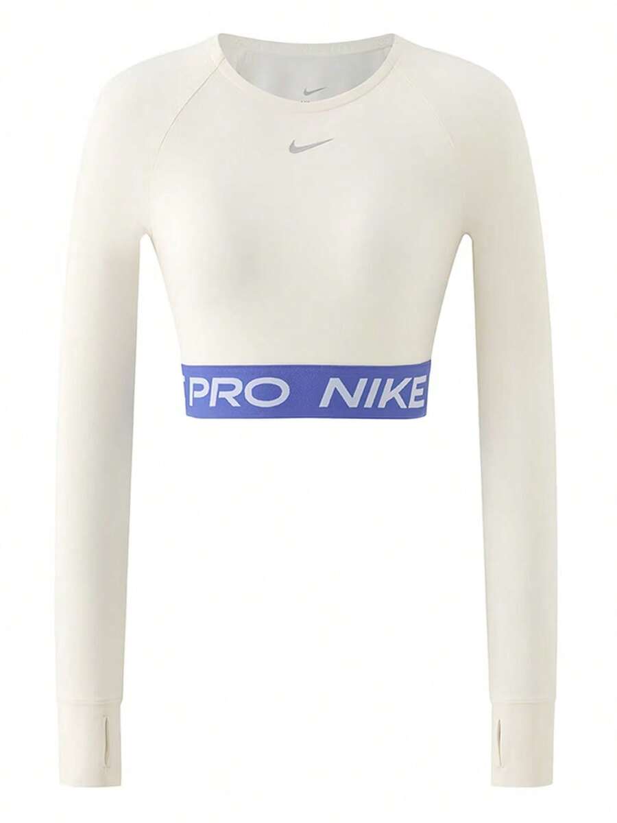 Nike Pro Dri-FIT Women's Crew Neck Cropped Classic Long Sleeve T-Shirt - White/Purple - View 1