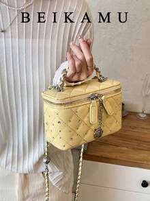 1pc BEIKAMU Rhombus Pattern Handbag Box Design, Fashionable Lipstick & Coin Purse, Elegant Chain Shoulder Crossbody Bag - Yellow - View 1