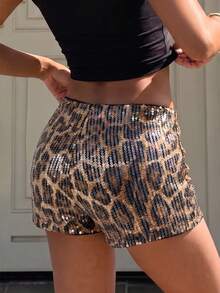 Celana Pendek Mini Seksi Motif Leopard Berpayet Gaya Y2K, Celana Pendek Slim Fit Pinggang Rendah untuk Musim Panas - Coffee Brown - View 7
