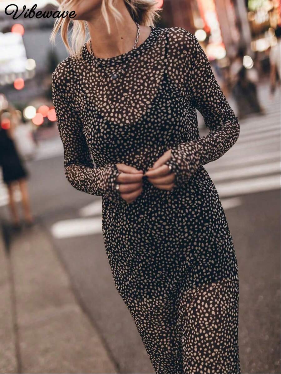 VIBEWAVE Black Polka Dot Mesh Round Neck Long Sleeve Slim Fit Dress, Sheer Inner Layer, Flattering Hot Girl Style, Urban Night Street Photography Date Vibe Long Dress For Women - Black - View 1
