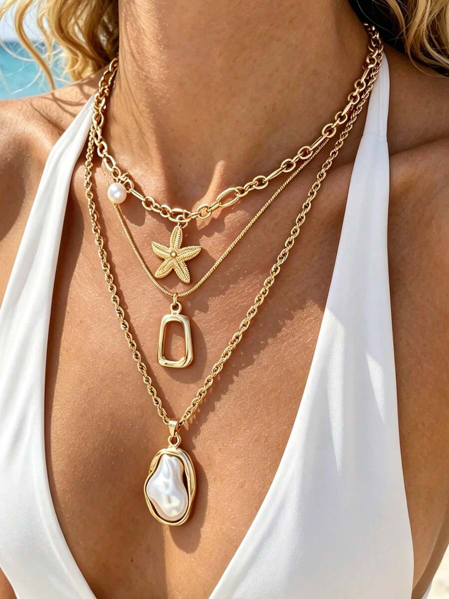 3pcs Vintage Fashion Exaggerated Necklace Set, Featuring Starfish And Faux Pearl Multi-Layer Necklace Set, Suitable For Women To Wear In Summer, Party, Vacation And Other Occasions - Yellow Gold - View 1