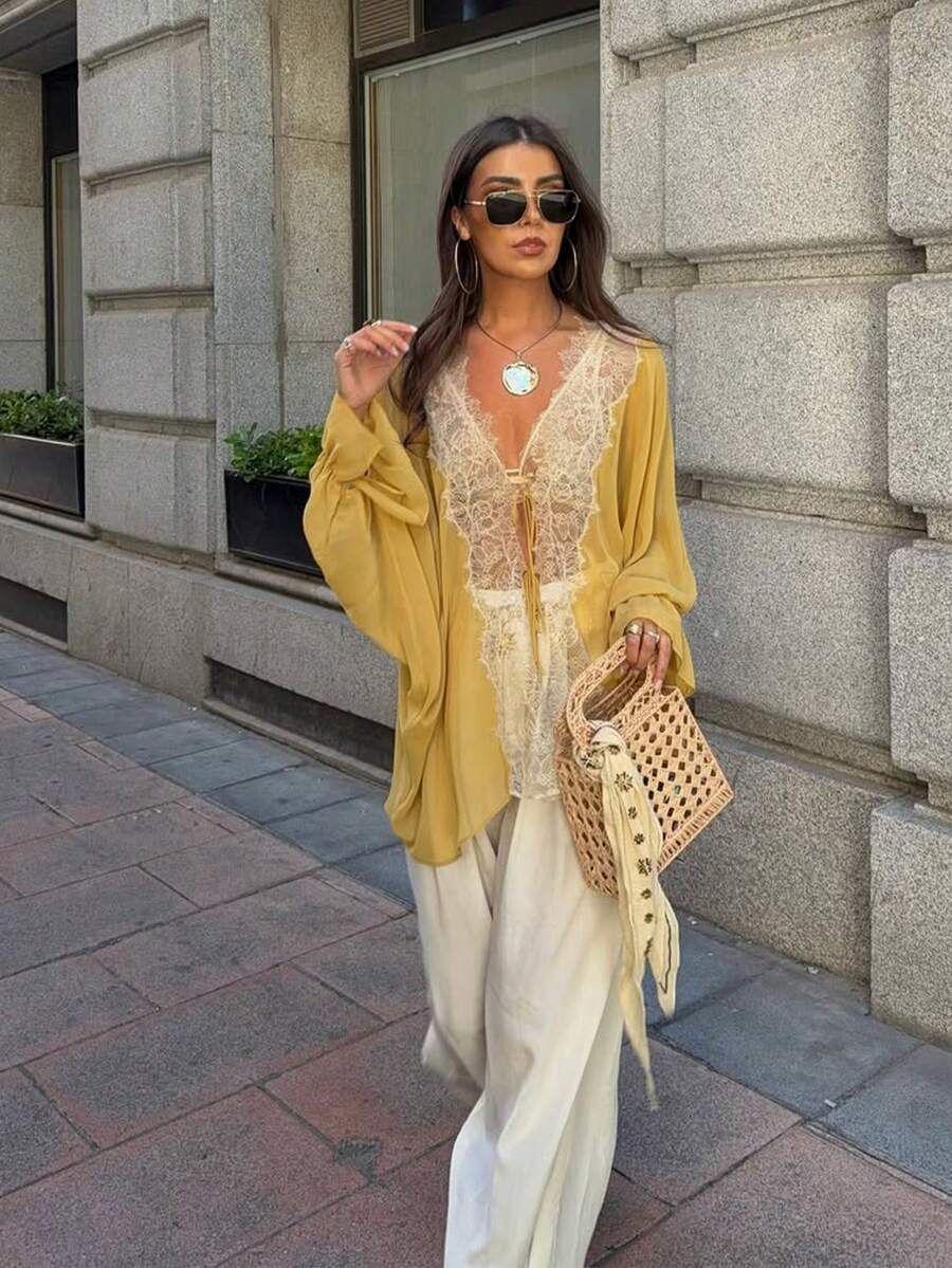 Women Fashion Elegant Lace Stitching V Neck Tops Summer Loose Lace Up Blouse - Mustard Yellow - View 1