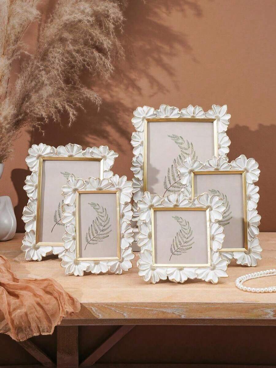1件樹脂白色金邊3D雛菊花紋裝飾相框,正方形照片展示框,溫馨家居桌面相框,橫向與縱向雙用樹脂相框,適用於家居照片裝飾與攝影道具 - A - 查看 1