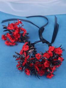 KOVLYNE 1pc Gothic Style Red & Black Floral Wrist Bracelet (With Ring), Vintage Rose Bracelet, Suitable For Halloween, Gothic Wedding, Prom And Cosplay - Black and Red - View 2