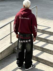Y2K Hip Hop Style Men's Washed Black Wide Leg Jeans, Decorative Faux Back Pockets With Star Embroidery, Street Casual Long Pants - Black - View 4