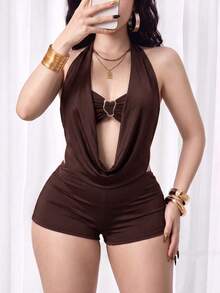 Top Dazzle Women's Elegant Halter Neck Backless Mid-Stretch 2 Pieces Shorts Set - Brown - View 2
