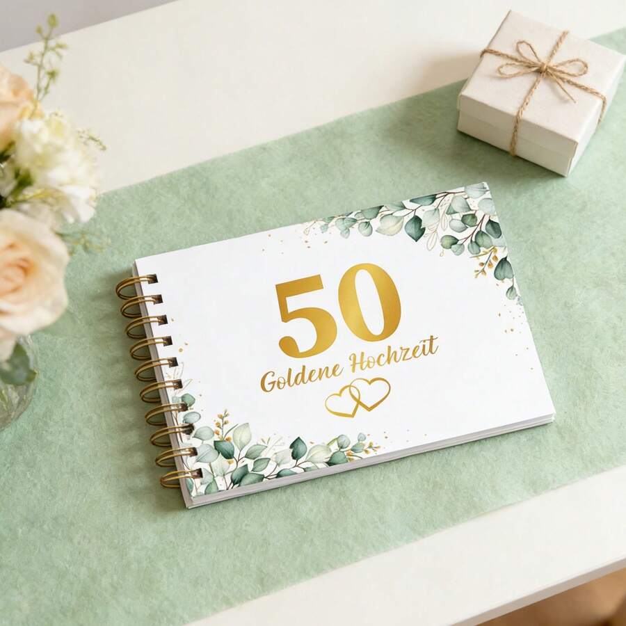 APODESS Tischläufer Eukalyptus Grün 30cm x 25m Gästebuch für 50. Hochzeitstag – Festliches Set für Jubiläumsfeiern-Partyzubehör-Set - Übersicht 1