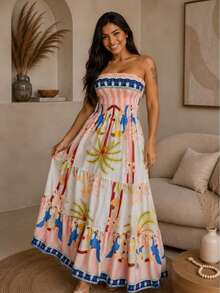July Tropical Strapless Dress In Various Prints, 2025 Collection - Guava - View 1
