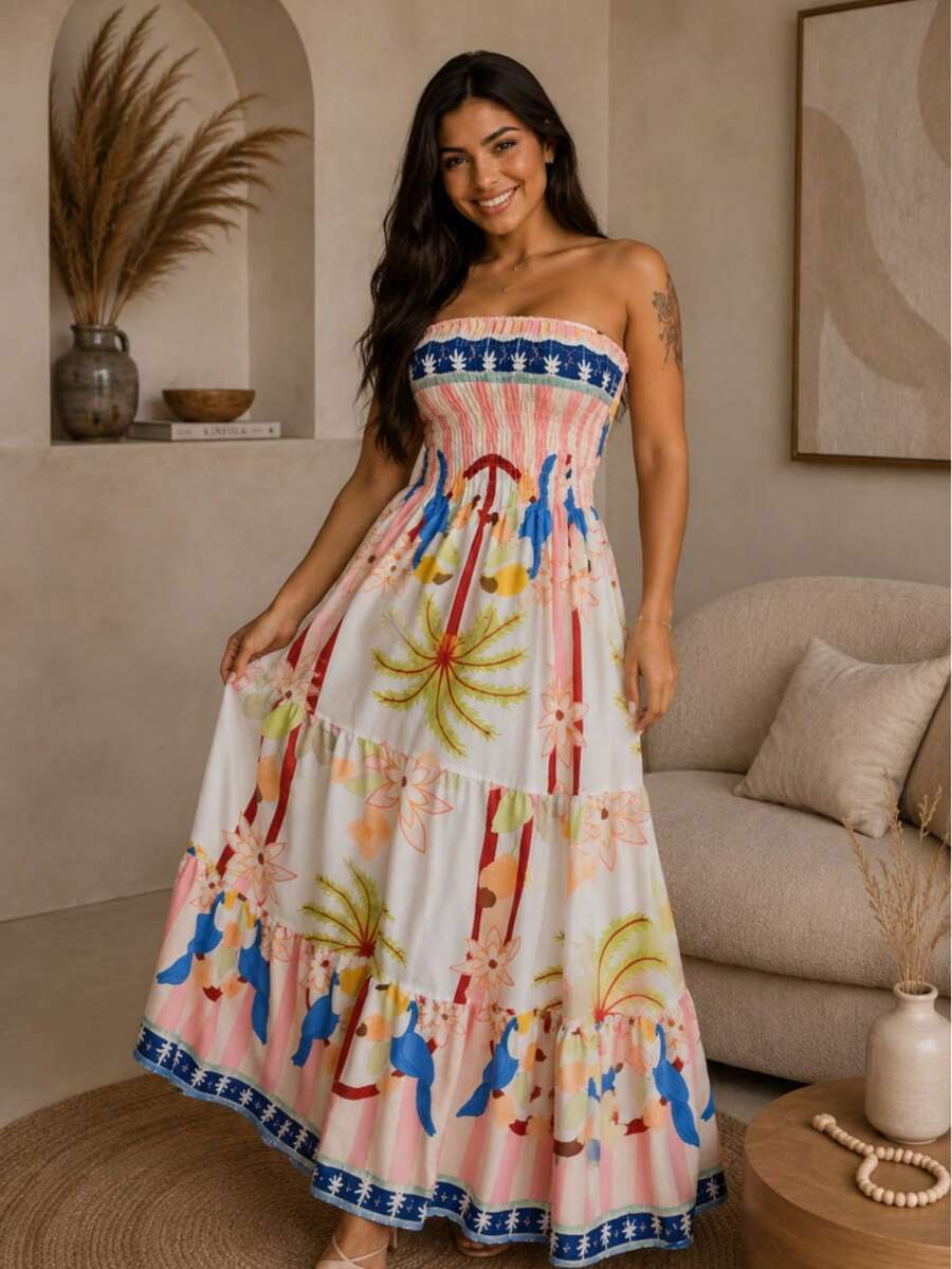 July Tropical Strapless Dress In Various Prints, 2025 Collection - Guava - View 1