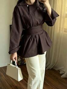 Women's Elegant British Style Asymmetric Lapel Design Long Sleeve Cinched Waist Waist Blouse, Solid Color Belt Front Button Closure, Vintage Versatile Commute Office Daily Date - Brown - View 7