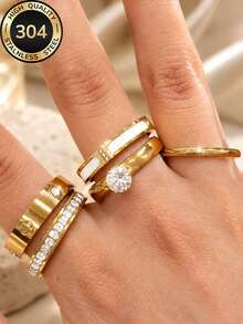 5pcs/Set 18K Gold Plated Women's Luxury Niche Stainless Steel Ring Set, Suitable For Wedding/Engagement/Promise/Anniversary Occasions, Daily Commute, Banquet Party Outfit Accessories, Exquisite Gift For Halloween, Christmas, Mother's Day - Gold - View 3
