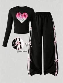 Tween Girls Heart Print Round Neck T-Shirt And Contrast Stripe Bow Decor Long Pants - Black - View 1