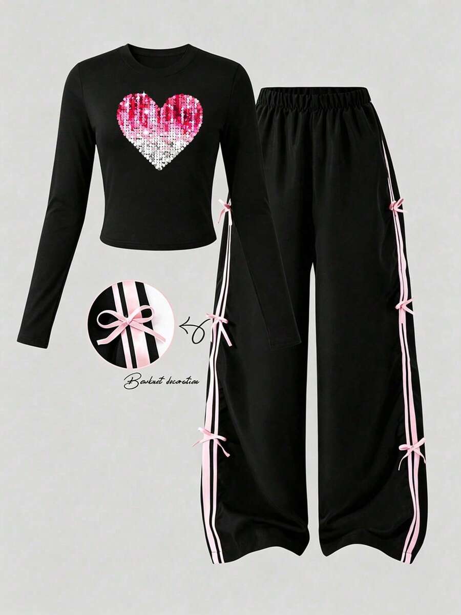 Tween Girls Heart Print Round Neck T-Shirt And Contrast Stripe Bow Decor Long Pants - Black - View 1