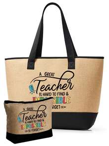 教師節禮物，女士沙灘托特包套組，「Teach」圖案沙灘配件帆布包，單肩包，手提包，亞麻化妝包，方形文具包，適合春夏沙灘度假與戶外婚禮，生日，節日，送給女性、媽媽、老師、朋友、伴娘、學生的好禮，返校季，大容量包，送給朋友的個性化生日禮物，教師節禮物，返校必備用品 - 彩色 - 查看 15