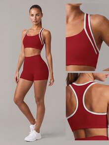 Sodalemon Women's Colorblock Summer Fitness Set, Racerback Training Sports Bra, Butt-Lifting Elastic Sports Shorts, Running Hiking 2-Piece Yoga Set - Burgundy - View 7