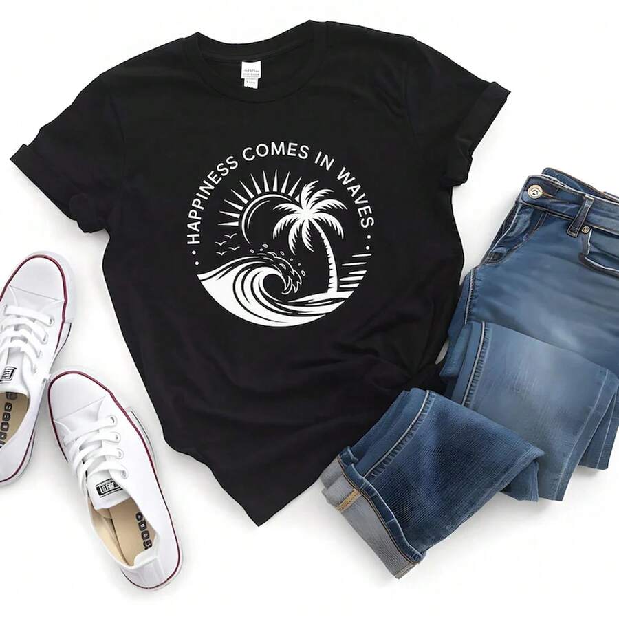 Happiness Comes In Waves Shirt, Wave Lover Shirt, Beach Vibes Shirt, Summer Shirt, Ocean T-Shirt, Summer Vacation Tee, Summer Trip Shirt - Black - View 1