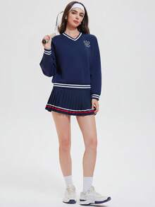 KyrLssu Women Striped Trim V Neck Sweatshirt, Tennis Racket Embroidery Loose Long Sleeve Pullover Top For Daily Outfit Matching - Navy Blue - View 2