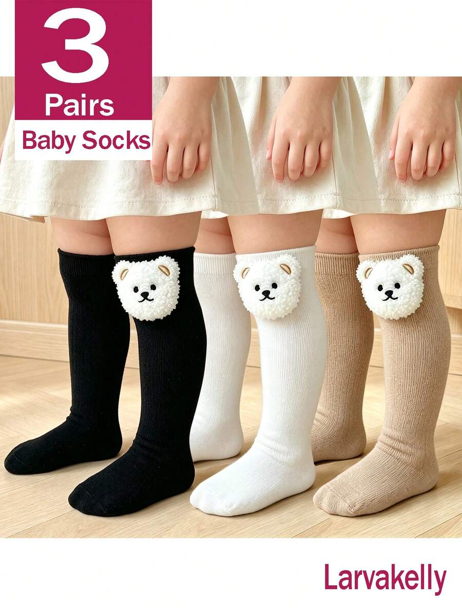 3/1 Pair Cute Panda Decor Solid Color Mid-Calf Socks For Baby Girls, All-Season Versatile Long Socks For Daily Wear - Multicolor - View 1