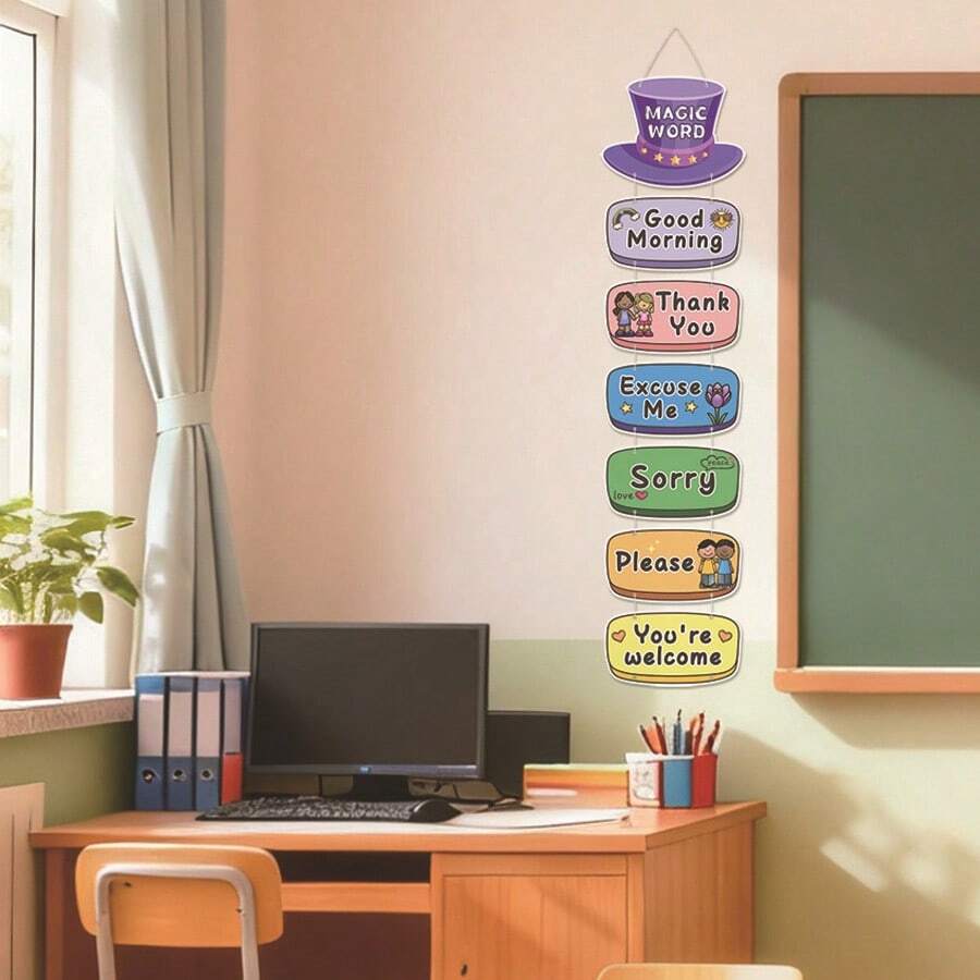 1pc Classroom Word Cards & Banner Set - English Polite Expressions Learning Flash Cards, Bulletin Board Decor Bunting Flags For Kindergarten Preschool