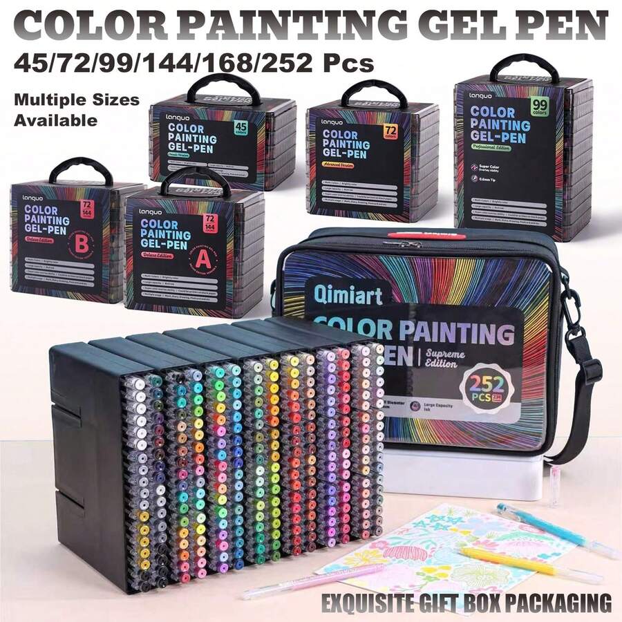 Languo 252/168/144/99/72/45/9pcs Large Capacity Gel Pen Set, 0.6mm Fine Tip, For Scrapbooking, Hand Drawing And Doodling, Smooth Ink Flow, Clear Writing Without Smudging, Suitable For Line Drawing, Coloring, Outlining, Ceramics, Plastic, Wood, Stone, Fabric, Paper And More, Excellent Coverage, High-Quality Student Art Supplies, Comfortable And Durable Grip, Perfect For Student Note-Taking And Back To School