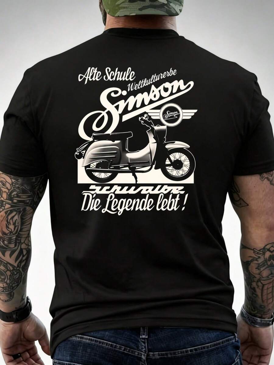 Motorcycle Enthusiasts And Vintage Style Fans - Retro Simson Scooter Motif With German Text, Casual Crew Neck T-Shirt, Machine Washable, For Scooter - 黑色 - 查看 1