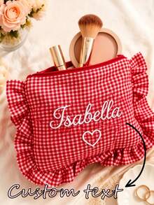 1pc Customized Pleated Ruffle Plaid Name Makeup Bag, Embroidered Letter Decor, Zipper Closure Portable Storage Bag, Sweet Coquette Style Bridal Makeup Organizer, Bridesmaid Gift, Wedding Party Favor, Suitable For Daily Use, Travel, Customized Birthday Gift, Christmas Gift, Surprise Fashion Gift - Multicolor - View 8
