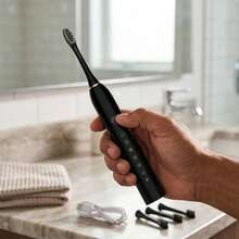 Escova De Dente Eletrica Recarregavel USB Sonica Impermeavel IPX7 Higiene Oral Portatil Bivolt Com Temporizador Automatico E Refis De Cerdas Macias Substituiveis - Preto - Visão 4