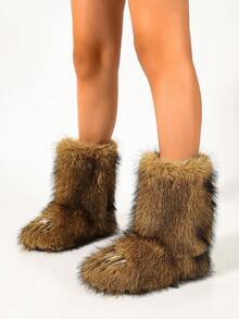 Women's Faux Fur Boots Fuzzy Fluffy Furry Short Snow Boot Funny Claws Toe Mid-Calf Flat Shoes Y2K Warm Comfortable Footwear Outdoor Winter Comfy Brown - Brown - View 2