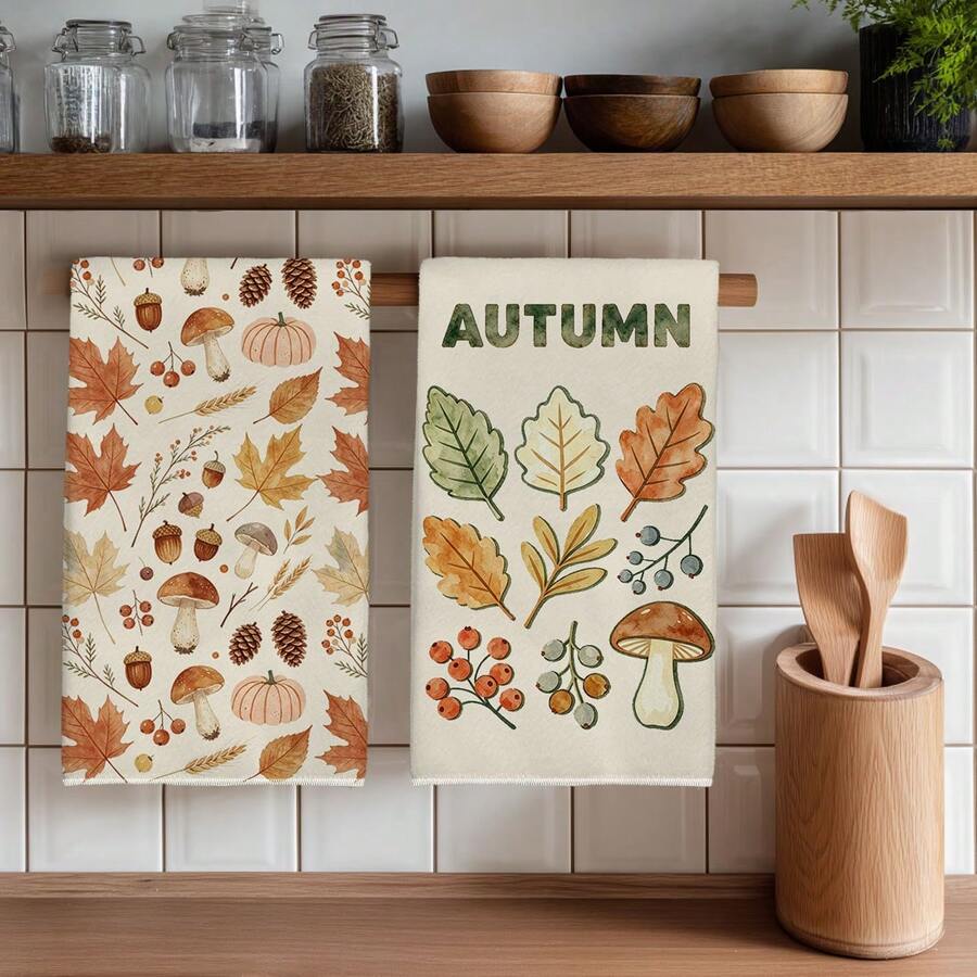 2PCS Kitchen Towels Watercolor Autumn Maple Leaf Pumpkin Mushroom Pattern Printed 40*60cm Watercolor Style Rectangular Microfiber Kitchen Towels, Dish Cloths, Tablecloths, Hand Towels, Kitchen Decor, Home Decor, Housewarming Gifts For Neighbors, Perfect For Kitchen And Bathroom Use, Suitable For Housewives And Family Gatherings, For Money, Household Essential - Multicolor - View 1