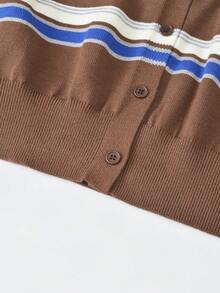 Women's Autumn Korean Style Vintage Youthful Round Neck Single-Breasted Long Sleeve Striped Knit Cardigan - Coffee Brown - View 7