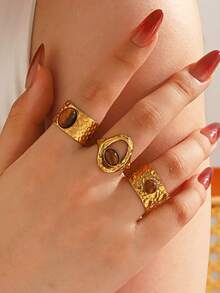 3pcs Stainless Steel Minimalist Tiger Eye Stone Hammered Open Rings, Suitable For Women's Daily And Party Wear - Multicolor - View 6