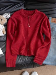 Women's Casual Slimming Round Neck Double Zipper Knit Cardigan Short Jacket, Autumn/Winter - Red - View 7