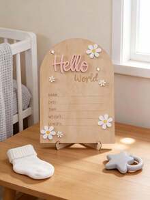 Tablero de anuncio de nacimiento de madera moldeada de una sola pieza, decorado con crisantemo "Hola Mundo", incluye sección de información de nacimiento, pancarta de madera arqueada con nombre del recién nacido, accesorios de fotografía para recién nacidos, decoración de recuerdo para bebé, adecuado como regalo de baby shower, regalo de Pascua para niños y niñas - Multicolor - Ver 4