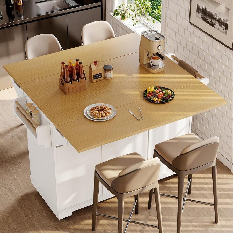 Kitchen Island With Drawers – White/Gray, Extendable Tabletop - 白色 - 查看 1